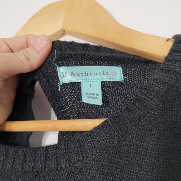 JJ Authentic Black Knit Mini Sweater Tunic Dress Shory Sleeve Sequins Keyhole L - Picture 3 of 10